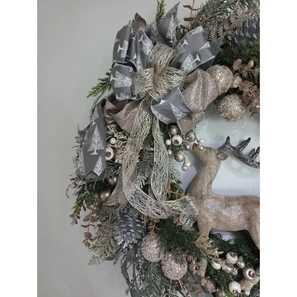 Handmade Christmas Wreath Deer Stag Gold Silver Berries Balls Ribbon 25